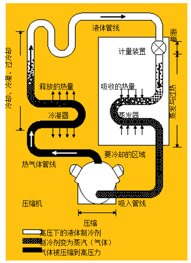 圖1.制冷系統(tǒng) 在典型的制冷系統(tǒng)中，壓縮機(jī)將熱氣體送到冷凝器，隨后，冷凝液通過蒸發(fā)器中的一個膨脹閥，進(jìn)行蒸發(fā)并獲取來自被冷卻區(qū)域的熱量。